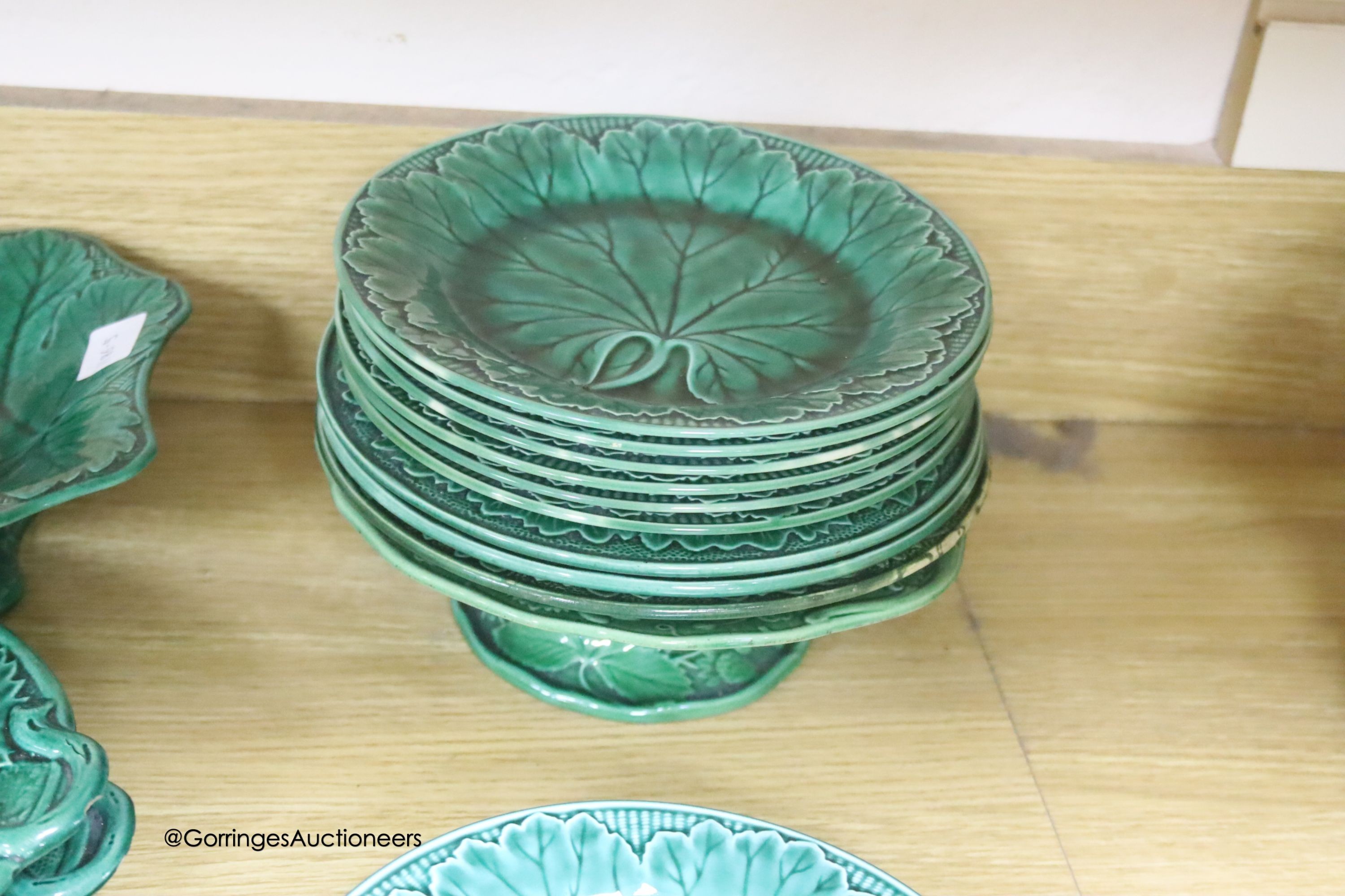 A quantity of 19th/20th century green glazed cabbage wares including Wedgwood